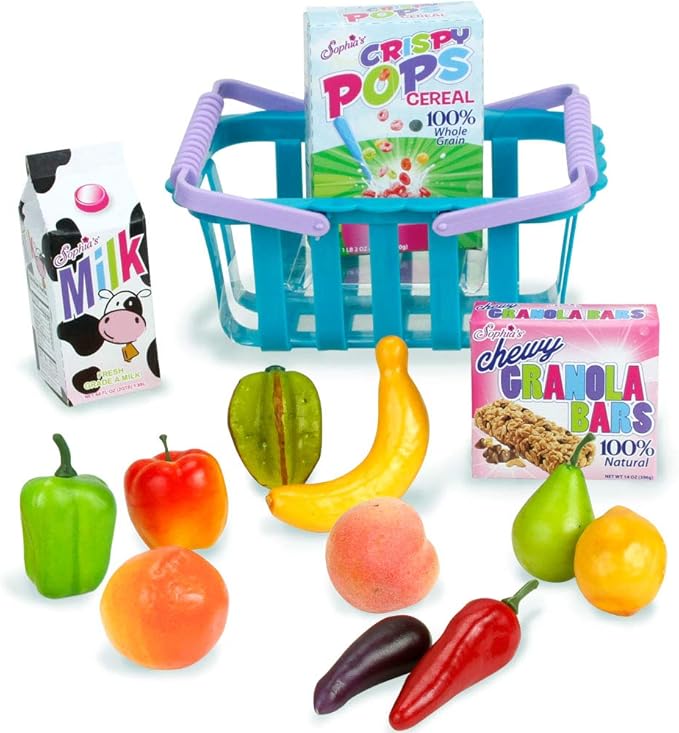 Sophia's 14 Piece Grocery Basket, Produce and Food Set for 18'' Dolls, Multicolor