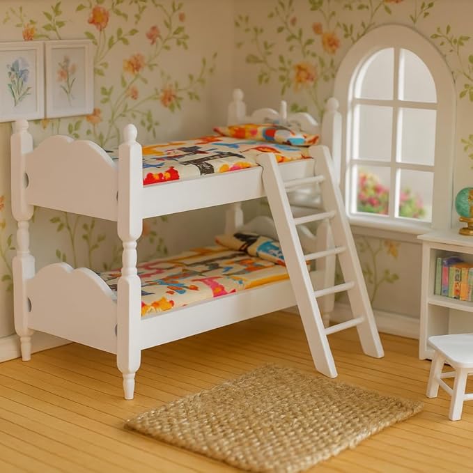 1/12 Scale Dollhouse Bunk Beds – Miniature Wooden Bed Set with Ladder, Realistic Mini Dollhouse Furniture Stuff Accessories, DIY Small Ornament Dolls Decor for Doll House, Tiny Wooden Bedroom