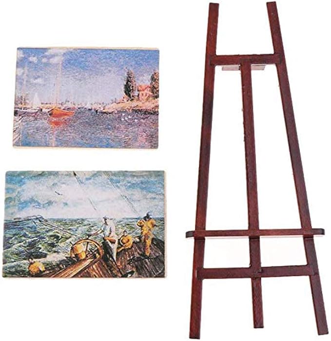 Dollhouse Decoration Accessories, 1/12 Dollhouse Miniature Wooden Easel Oil Painting Set Simulation Toys for Doll