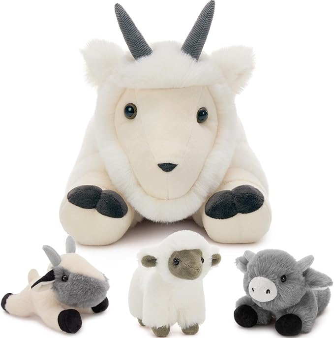 4Pcs Giant Goat Plush Toy, 17.7" Soft Mother Goat Stuffed Animal with 3 Cute Baby Goat Plushies, White Goat Body Pillow for Kids, Cuddly Stuffed Farm Aniaml Toy Gift for Christmas Birthday