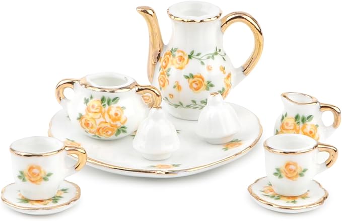 Dollhouse 1:6 Porcelain Tea Cup Sets 8 Pcs Set Miniature Ceramics Dollhouse Accessories Flower Pattern Teapot Platter Dish Sets Dollhouse Kitchen Supplies Decoration (Yellow)