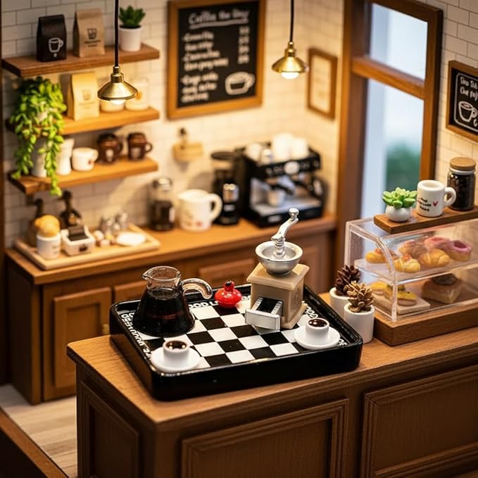 Dollhouse Miniature Coffee Shop Set, 1:12 Scale Mini Café Accessories, DIY Dollhouse Display Kit, Detailed Tiny Café Scene Kit for Collectors & Crafts