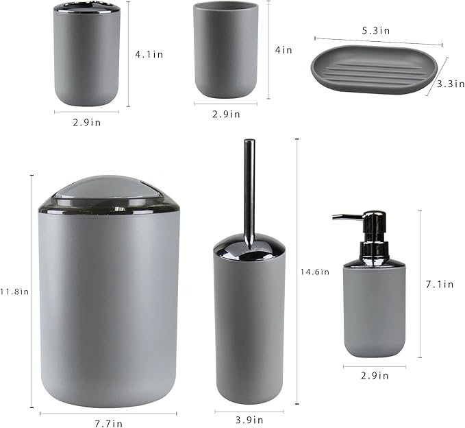 IMAVO Bathroom Accessories Set,Grey Bathroom Set,7 Pieces Bathroom Accessory Set,Tray,Toilet Brush,Trash Can for Bathroom Décor and Housewarming Gifts