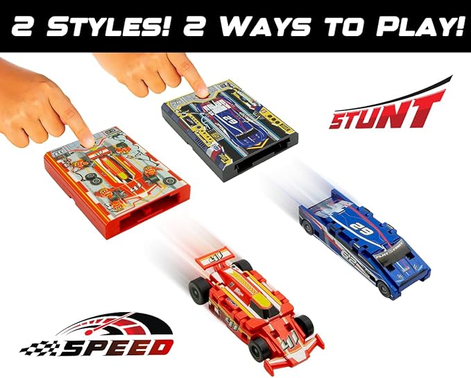 FLAT 2 FAST Original Stunt Card Racer – Flat Car Racer and Pocket Size Racecar Launcher with Built-in Button for Stunt Launching and Racing – Compact – Arctic Silver