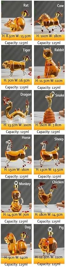 Chinese Zodiac Mini Whiskey Decanter Set of 12 with Stopper. Creative Animal Clear Glass Wine Bottle Miniature Liquor Dispenser for New Year (Size : 125ml x 12)