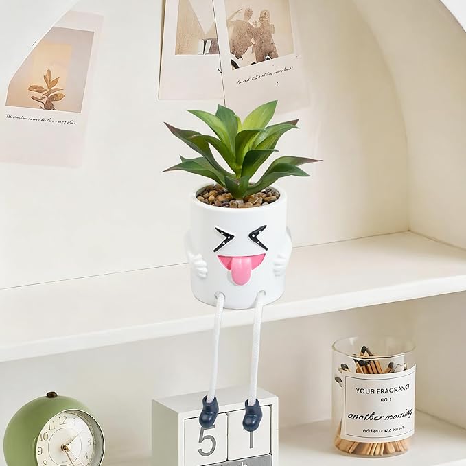 LUZOGA Fake Plant Mini Potted Succulents with Hanging Leg White Cute Pot Creative Artificial Succulent Plants in Funny Pot Faux Succulents for Home Office Shelf Desk Decor and Gift Choice