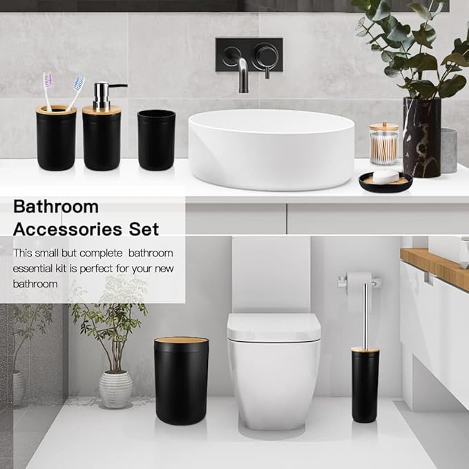 OTOSTAR Bathroom Accessories Set 8 Piece Bamboo Bathroom Accessory Set Bathroom Gift Set with 2 Qtip Holder Trash Can Soap Dispenser Toothbrush Holder Tumbler Cup Soap Dish Toilet Brush Holder (Black)