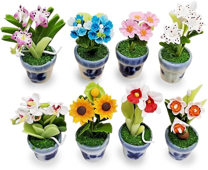 WitnyStore Tiny 2" High 8 Pieces Set Mix Hand Made Artificial Flowers Realistic Colorful Miniature Modelling Clay Flower Pots Brilliant Variety of Imitation House Plant Species Home Decoration