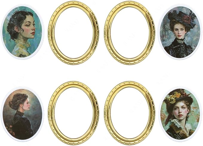 iLAND Miniature Dollhouse Accessories, 4 Dollhouse Picture Frames Set w/ 4 Beauty Portraits (4 Gold-Toned Oval Frames w/ 4 Pictures)