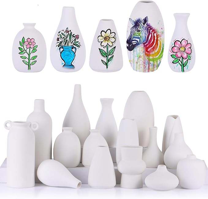 Paintable Vase Set of 16 White Small Bud Vases for Flowers, Clay Vase Bulk for Wedding Decorations Pampas Grass Centerpieces, Boho Mini Ceramic Vases for DIY Painting Home Dining Table Decor