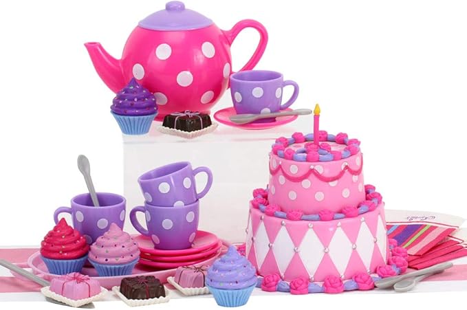 Sophia's Complete Cake & Tea Party Accessories Set with Teapot, Teacups, Utensils, Pretend Dessert and Drinks for 18" Dolls, Pink/Purple