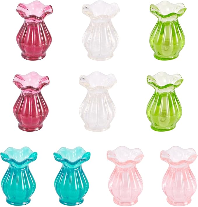 10Pcs Resin Mini Vase Plants Flower Pots Miniature Dollhouse Accessories Furniture Ornaments for Desktop Tableware Prop Decorations Crafts for Adult Green Pink