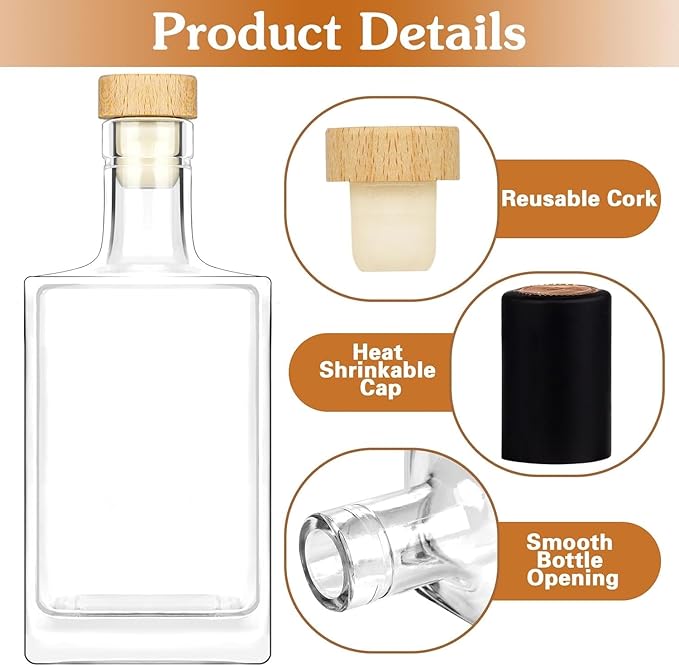 samokingdom 3Pack 25 oz (750ml) Glass Bottle with T-Top Cork, Heavy Bottom Vodka Bottle for Wine, Juice, Milk, Whiskey, Sauce, Gift Giving