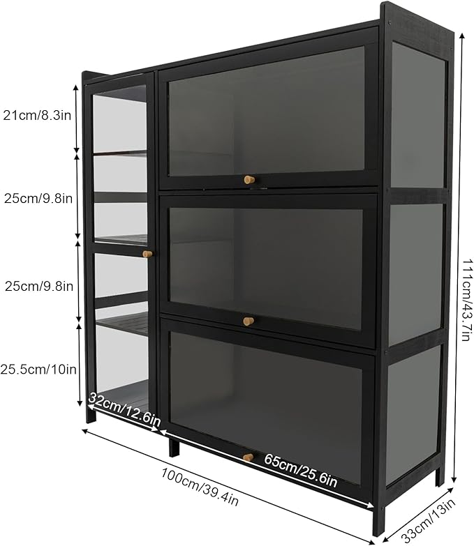 Display Cabinet with Acrylic Doors, Display Curio Cabinet with 3+4 Shelves for Collectibles Figures, Black Bamboo Storage Display Case Clear Showcase for Home Office Living Room Gaming Room