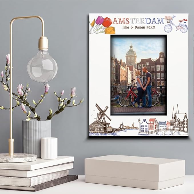 BELLA BUSTA-Personalized Europe Travel Picture Frame– Custom Amsterdam Photo Frame with City & Country-Honeymoon, Vacation, Adventure, Favor Keepsake (Amsterdam (5x7 Vertical))