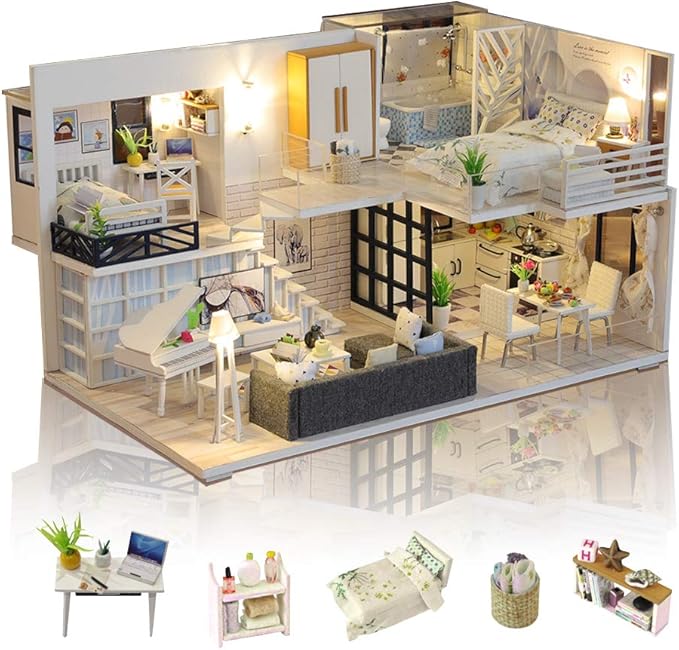 GuDoQi DIY Miniature Dollhouse Kit with Furniture, Tiny House kit 1:24 Scale, Need to Assemble Around 30 Hours, Great Handmade Crafts Gift for Birthday, Christmas, Life House(No Dust Cover)