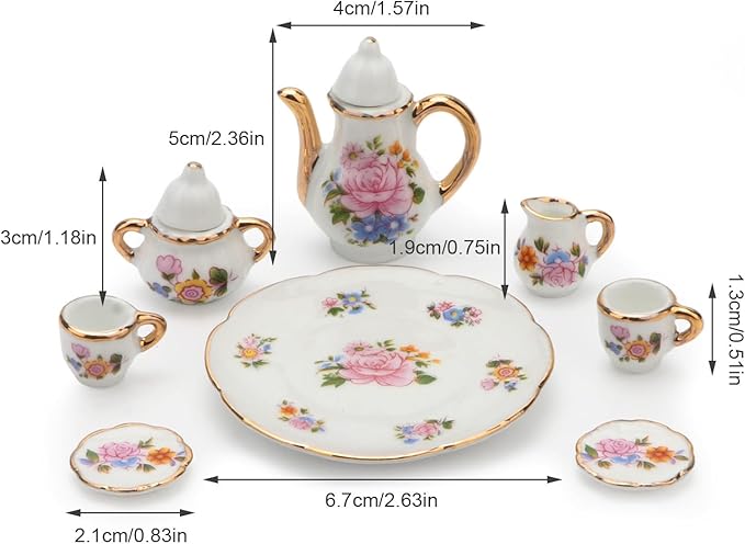 Cutemini 1:6 Scale Miniature Porcelain Dollhouse Tea Cup Sets 8PCS Flower Pattern Teapot Platter Dish Sets Dollhouse Kitchen Supplies Decoration (Light Pink)