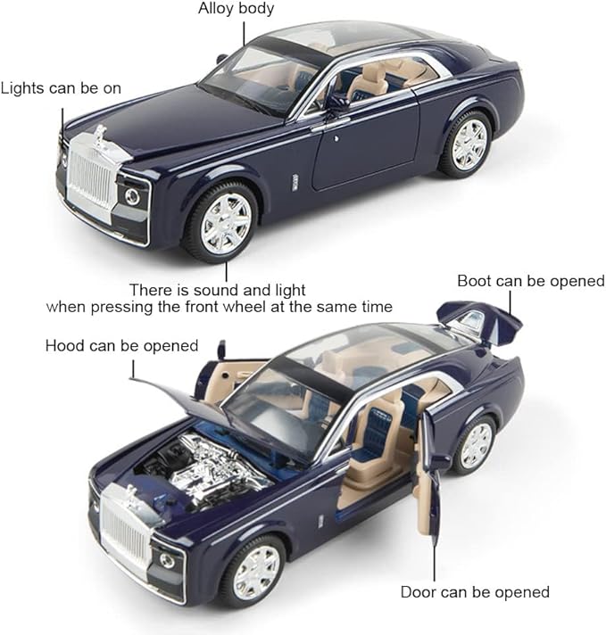 EROCK 1/24 Rolls-Royce Sweptail Toy Car Alloy Diecast Collectible Model Car for Kids Gift, Pull Back Toy Car with Sound & Light, Classic Double Door, Car Logo Can be Folded, Sweptail Blue
