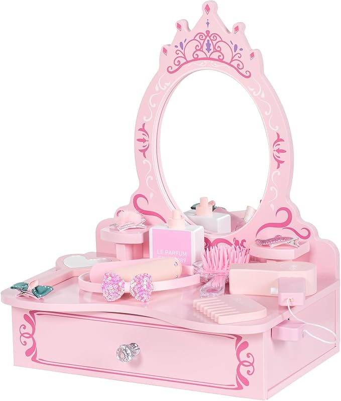 BRINJOY Wooden Vanity Set for Kids, Toddler Tabletop Beauty Salon Play Set w/Accessories & Drawer, Princess Makeup Pretend Play Vanity Table Toy with Crown Shaped Mirror for Little Girls Age 3-8