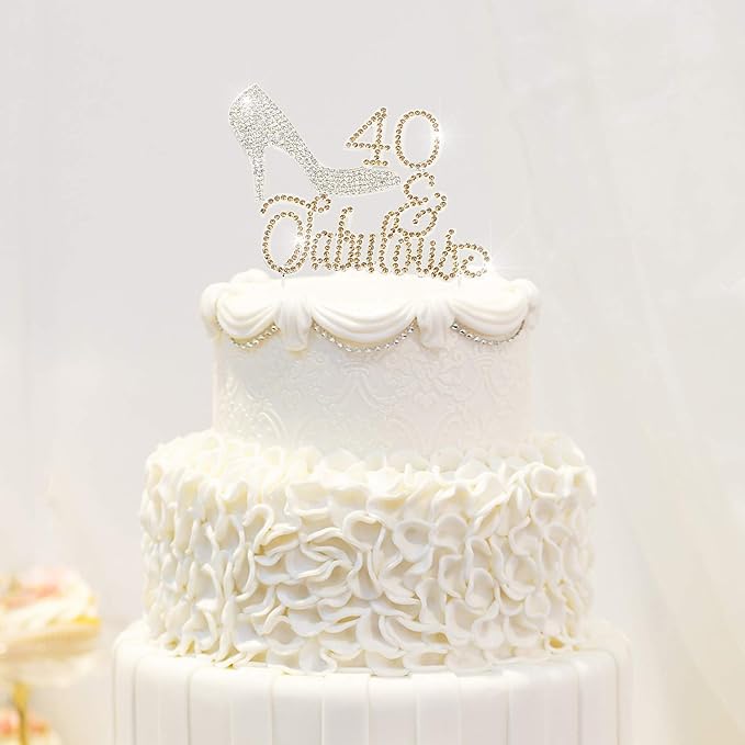 LINGTEER 40 Fabulous Silver High Heel Rhinestone Crystal Cake Topper Perfect for 40th Birthday Anniversary Party Keepsake Sparkle Decoration