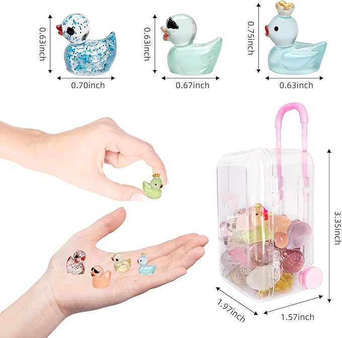 25pcs Mini Resin Ducks with Mini Suitcase, 12pcs Glitter &13pcs Luminous Tiny Duck Resin Animals for Fairy Garden Accessories, Dollhouse, Landscape, Succulents Decor, DIY Craft