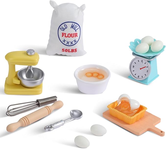 18PCS Dollhouse Miniature Kitchen Food Accessories Set, Mini Stuff for Dollhouse Decor with Stand Mixer, Kitchen Scale, Flour, Rolling Pin Accessories