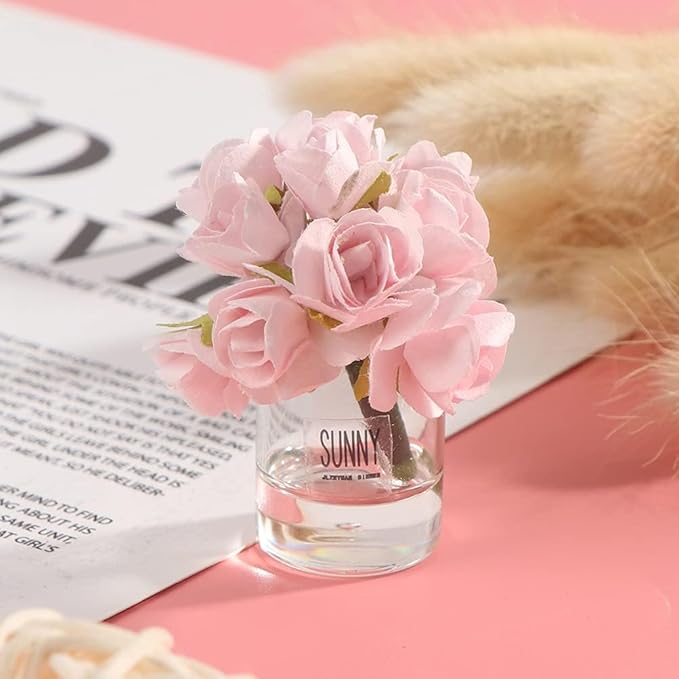 2 Pcs Dollhouse Miniature Flowers Dollhouse Mini Vase with Flower Dolls House Flower Glass Vase 1:12 Scale Dollhouse Miniature Flower in Vase, Lightweight Dollhouse Decor