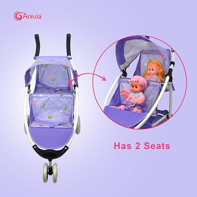 Doll Stroller Toy Anivia Realistic Twin Dolls Pram, Doll Pushchair with Shopping Basket Heart Design Gifts for Toddlers and Girls Foldable Baby Doll Stroller Toy (DA310pur)