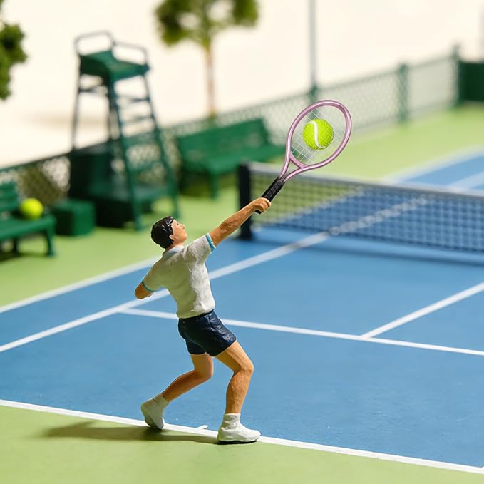 STOBOK Miniature Tennis Racket and Ball Set 3.54 Inch Dollhouse Sports Accessories for 1 12 Scale Decor Photography Props Mini Tennis Toy for Kids and Craft Projects