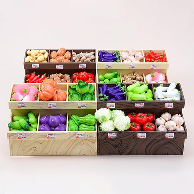 1/20 Scale Mini Realistic Vegetable Rack Model, Supermarket Props, Prentend-Play Accessory Set (Brown Vegetable Rack + 40 Vegetables)
