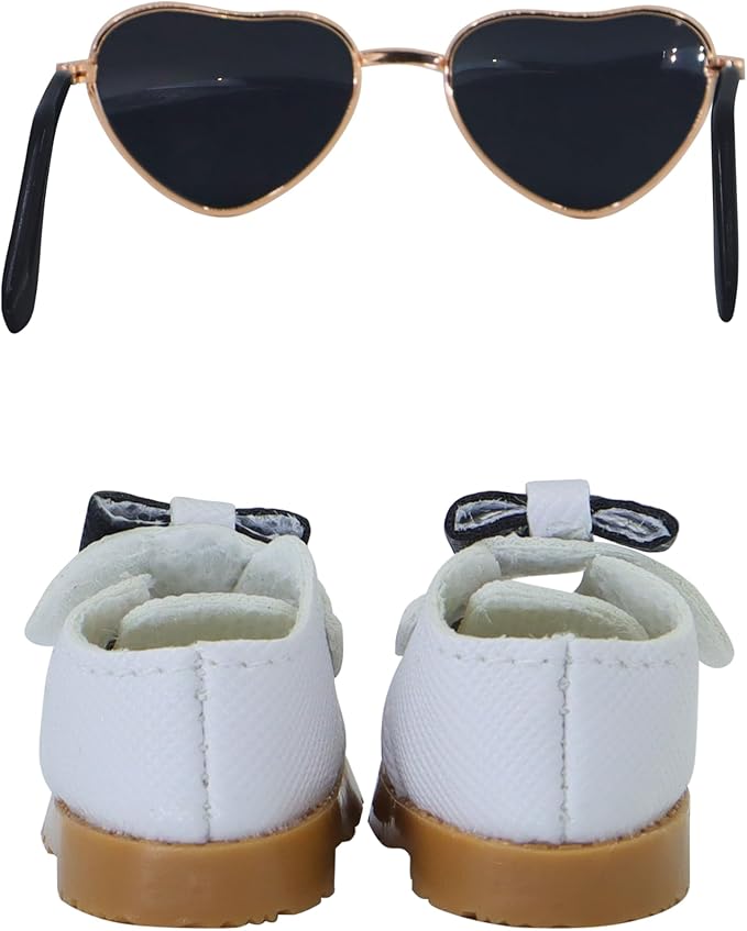 Suitable for 17cm Doll Clothing Accessories Set, Mini Fashionable Small Leather Shoes with Bow Tie and Glasses Two-Piece Set (White2)