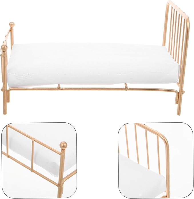 Totority Realistic Iron Frame Miniature Bed 1/12 Scale Dollhouse Bedding Comfortable Queen Size for Dollhouse Living Room Decor