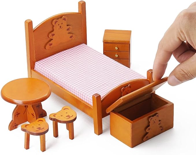 Odoria Dollhouse Bedroom Furniture Miniature : 1/12 Scale Single Bed with Bedding Cute Storage Chest Trunk - Mini Bedside Table and Chairs Wooden Nightstand 6Pcs