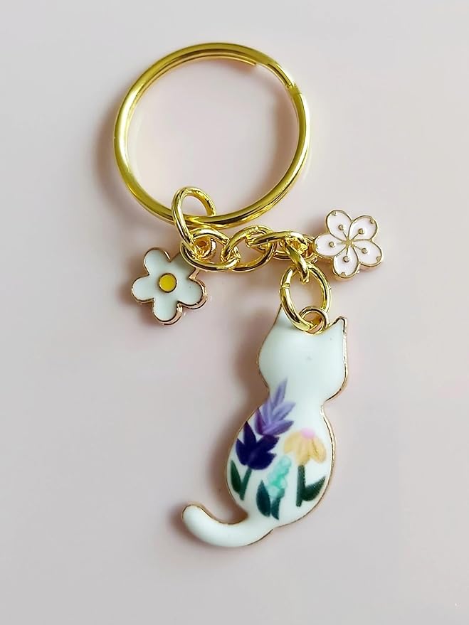 Agromusk Cute Cat Keychain, Enamel Flower Keyring Japanese Decor for Garden Cat Lovers, Kawaii Bag Charm With Sakura Flowers