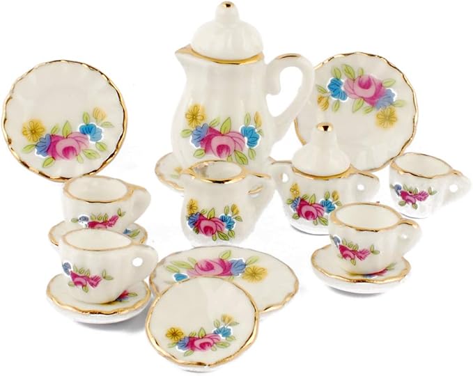 NW 1 Set 15 Pieces 1:12 Ceramics Tea Cup Set Lovely Dollhouse Decoration Set Dollhouse Kitchen Accessories
