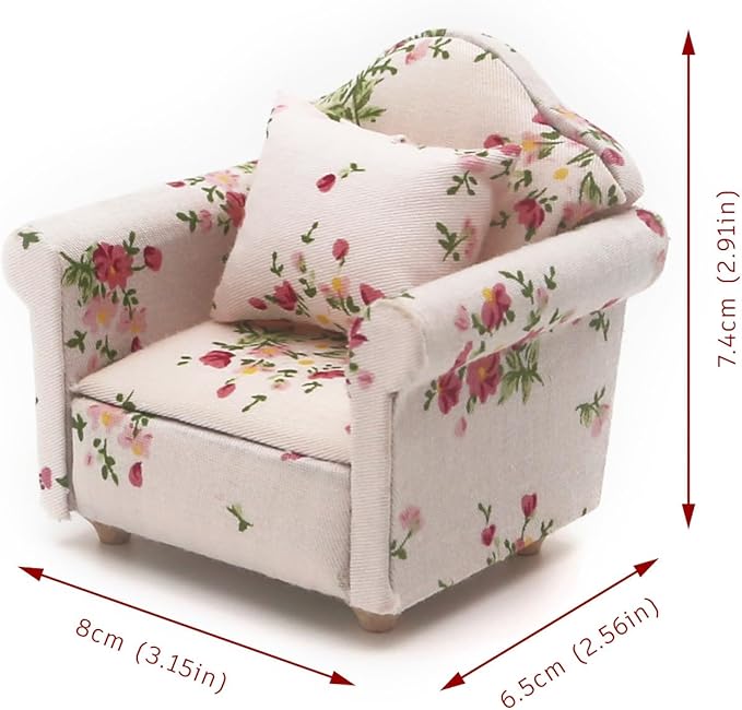 1:12 Dollhouse Couch Furniture Set, 16Pcs Wooden Miniature Sofa Set, Dollhouse White Fabric Printed Double & Single Sofa with Pillow and Living Room Accessories