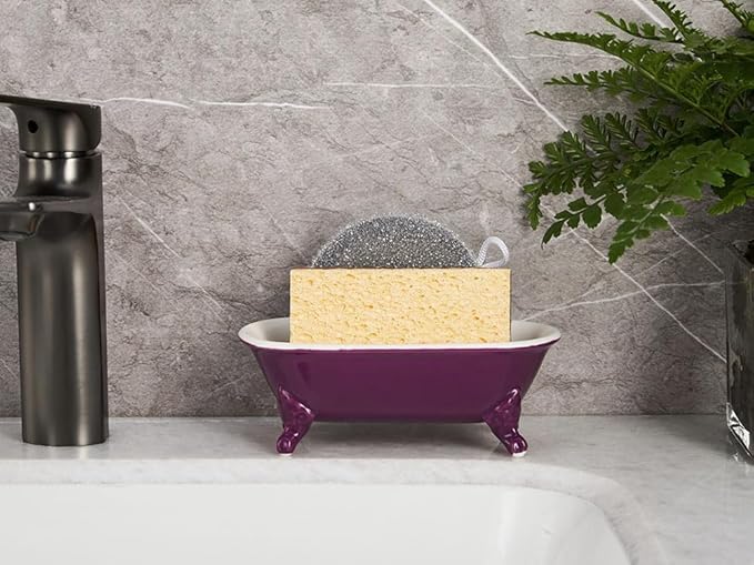 NEWHENGS 6.5" Ceramic Mini Decorative Clawfoot Bathtub Bar Soap Dish, Kitchen Sponge Holder and Shower Tray for Bathroom, 1 Pack(Burgundy)