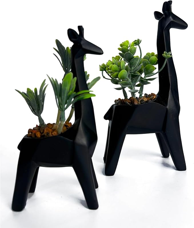 Ordbuum 2PCS Black Mini Succulents Plants Artificial with Giraffe Shaped Pots,Small Indoor Fakeplants for Shelves and Bathroom, Mini Desk Plants for Office