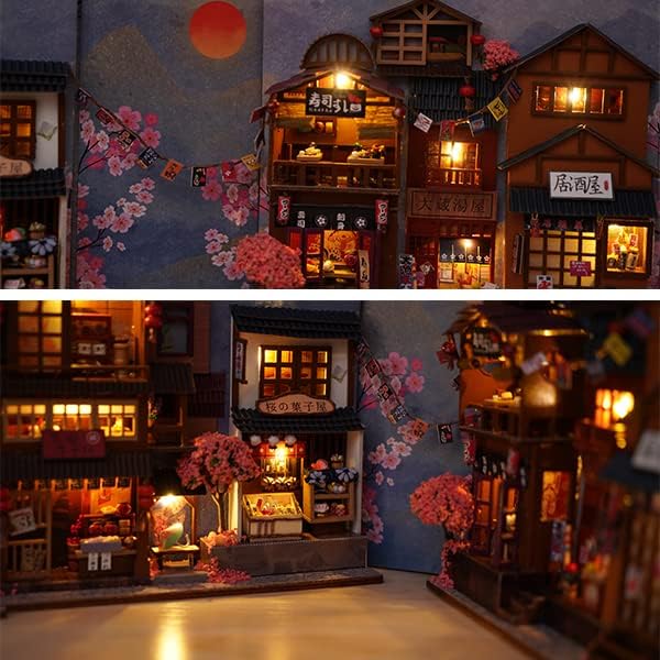 GuDoQi DIY Book Nook Kit, Dollhouse Wood Bookend, Booknook Bookshelf Insert, DIY Miniature Dollhouse Kit, Bookends Model Build for Adult, Gift for Birthday Christmas Day, Sakura Japan Corner