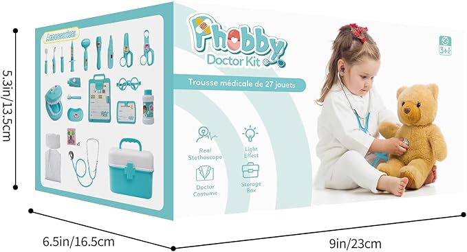Phobby Durable Doctor Kit for Kids, 27 Pcs Deluxe Pretend Play Medical Kit Toy with Real Stethoscope, Doctor Toys for Toddlers Boys Girls Aged 3 4 5 6 7 8