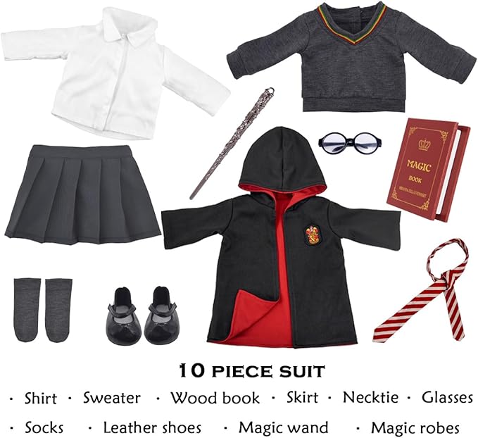 18 inch Doll Clothes and Accessories School Uniform Costume Doll Clothing Accessories Set 10 Pcs for 18 inch Girl Dolls