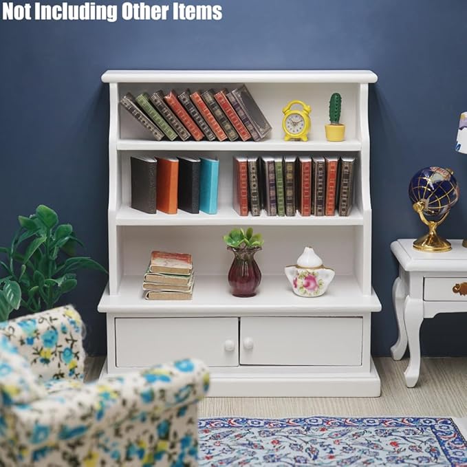Odoria Dollhouse Bookcase Shelf Miniature: 1/12 Scale Bookshelf Storage for Living Room Antique Retro - Mini Library Wall Display Cabinet - Tiny Wood Furniture Vintage White