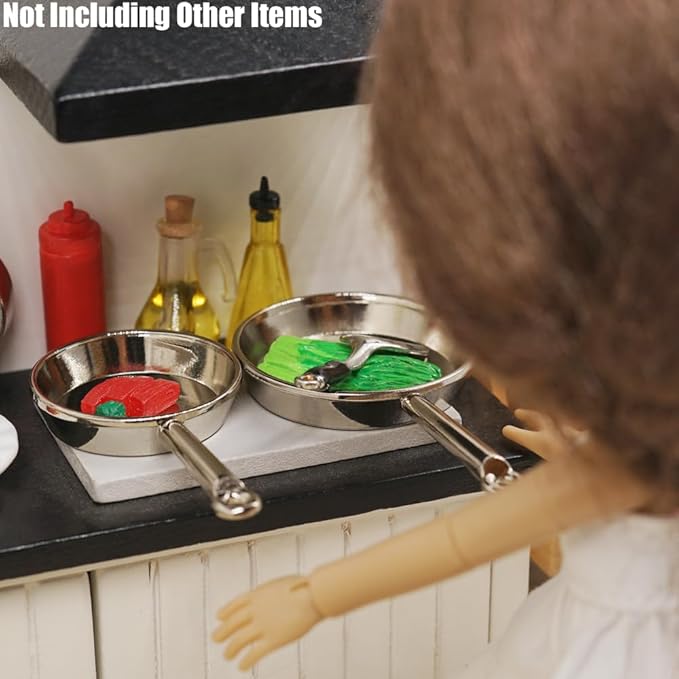 Odoria Dollhouse Frying Pan Miniature: 1/12 Scale Skillet Cookware for Kitchen Restaurant - Mini Kitchenware Cooking Utensils Metal Silver 3Pcs