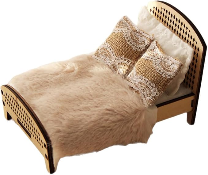 1:12 Scale Miniature Double Bed Unpainted Wood Furniture Model Craft Accessory Customizable Finish Bedroom Decoration for Pretend Play and Scene