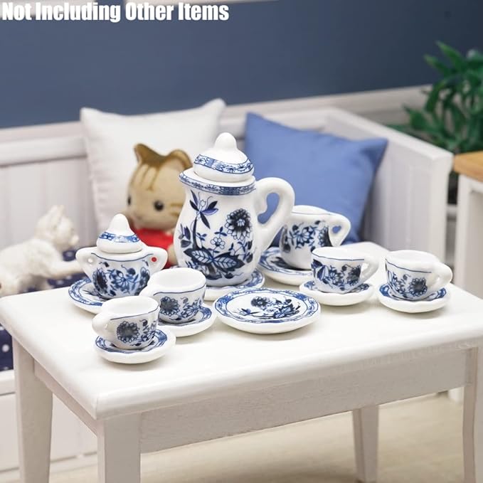 Odoria 1/12 Miniature Porcelain Tea Set 15Pcs Dollhouse Decoration Accessories, Blue Lotus