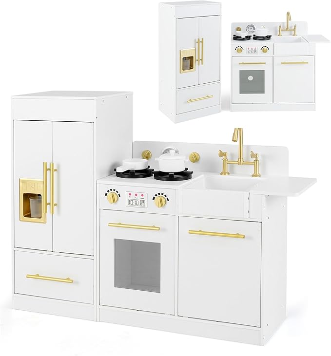 INFANS Play Kitchen Set, Kids Children Pretend Toy Kitchen 2-Piece Playset with Refrigerator, Oven, Microwave, Ice Maker, Sink with Faucet, Kitchenware Accessories for Girls Boys Ages 3+