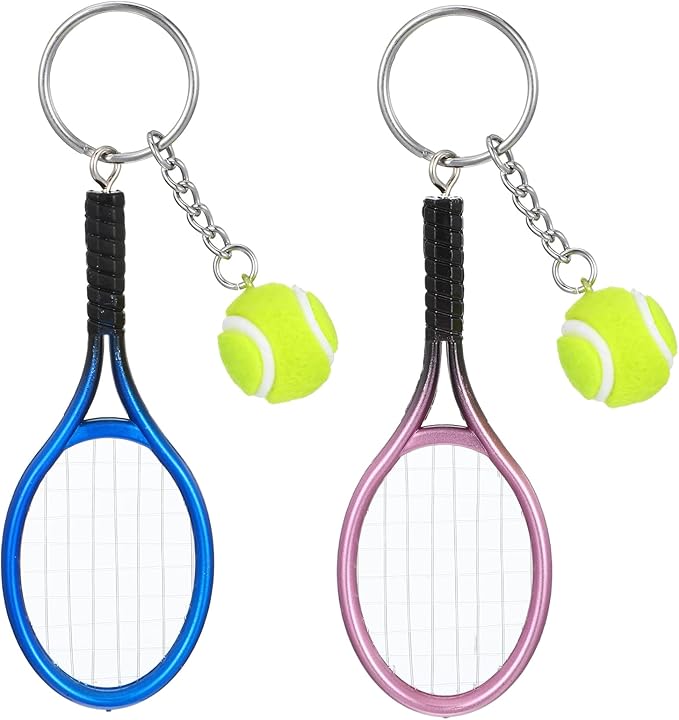 Mini Tennis Racket Keychain Key Ring, 2 Pcs Cute Tennis Accessories Colorful Mini Sport Party Decorations Fashionable Jewelry Ball Key Ring Bag Charm for Sport Lovers Team, Women, Men (Blue, Purple)