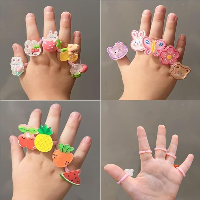 50PCS Kids Rings Blind Bags, Random Assorted Cute Cartoon Animal Fruit Flower Adjustable Plastic Rings for Girls, Surprise Blind Bag Party Favors, Birthday Gifts, Classroom Rewards