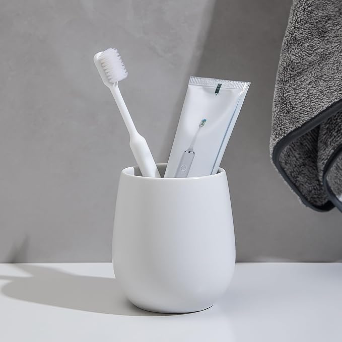 White Ceramic Toothbrush Holder - 11Oz Small Bathroom Tooth Brushing Holders, Reusable Mouthwash Cup, Toothpaste Holder, Makeup Brush Holder, Pen Holder for Bathroom Countertop, 1PC