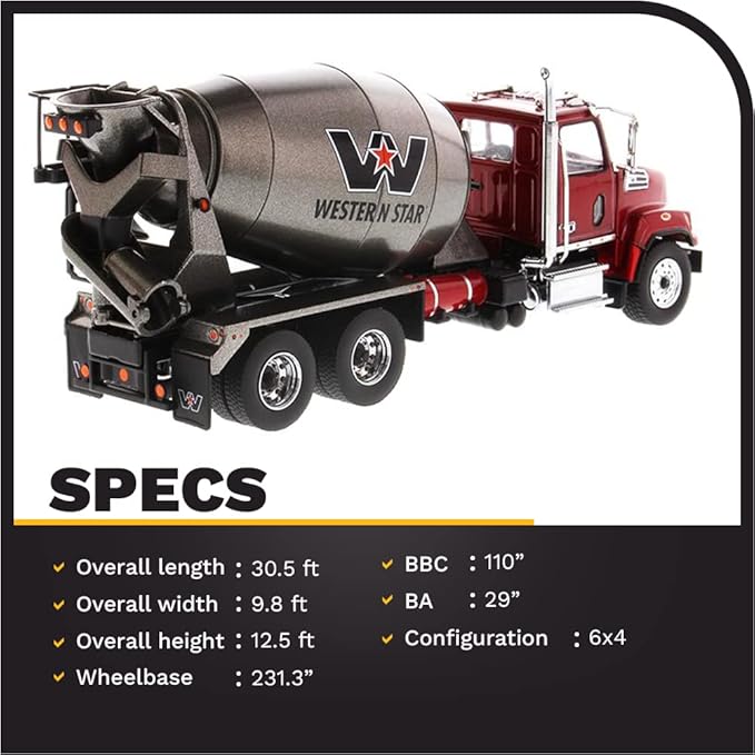 Diecast Masters Western Star 4700 SF Concrete Mixer Metallic Red with Gray Body 1/50 Diecast Model